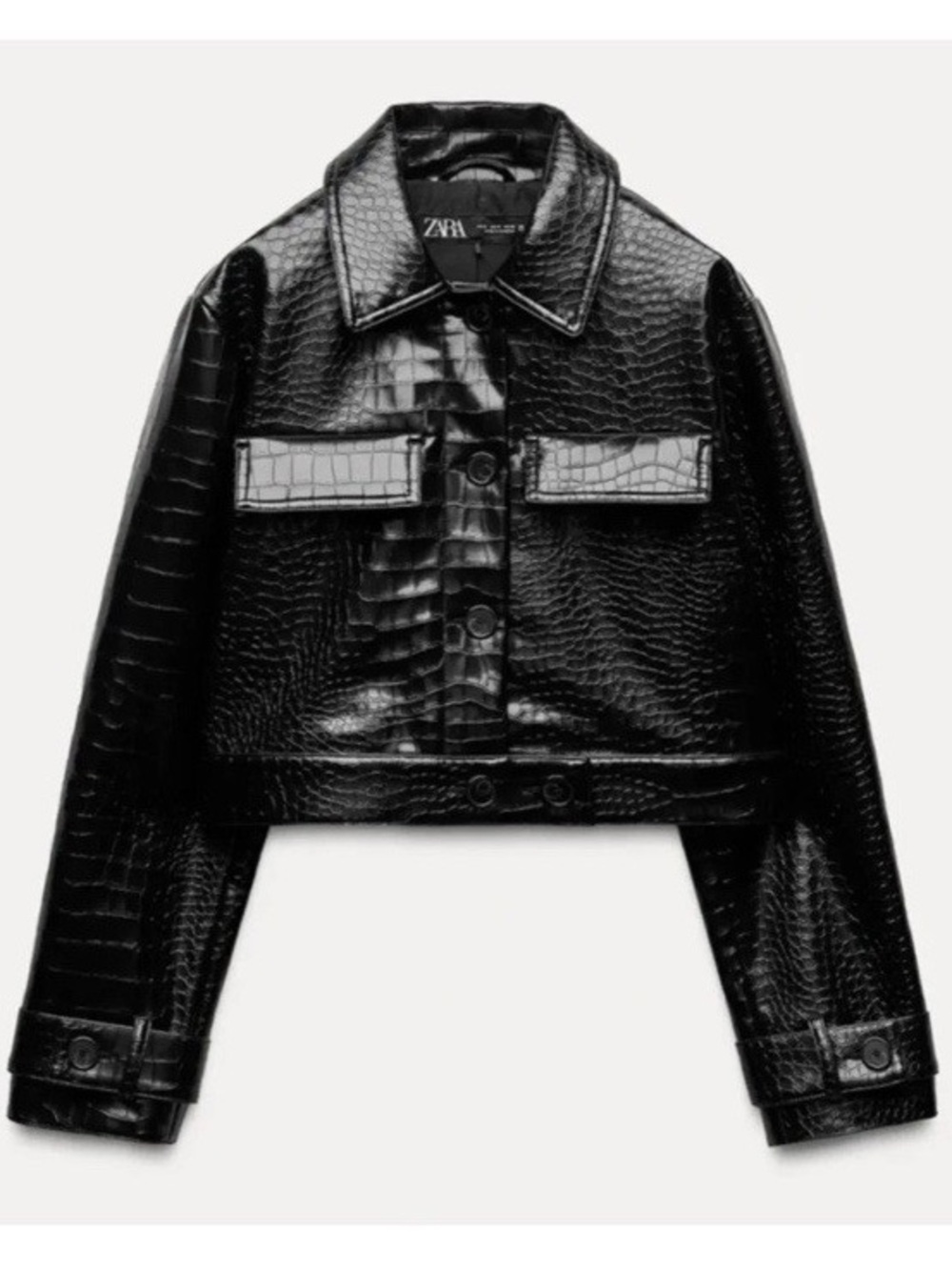 Zara Glossy Black Cropped Croc-Embossed Jacket